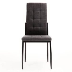 silla de comedor eleos tapizada en tela gris oscuro con capitone con patas metalicas en negro